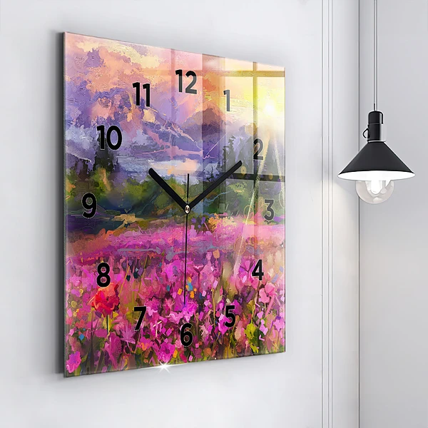 Wanduhr modern quadratisch Wiese im Sonnenuntergang