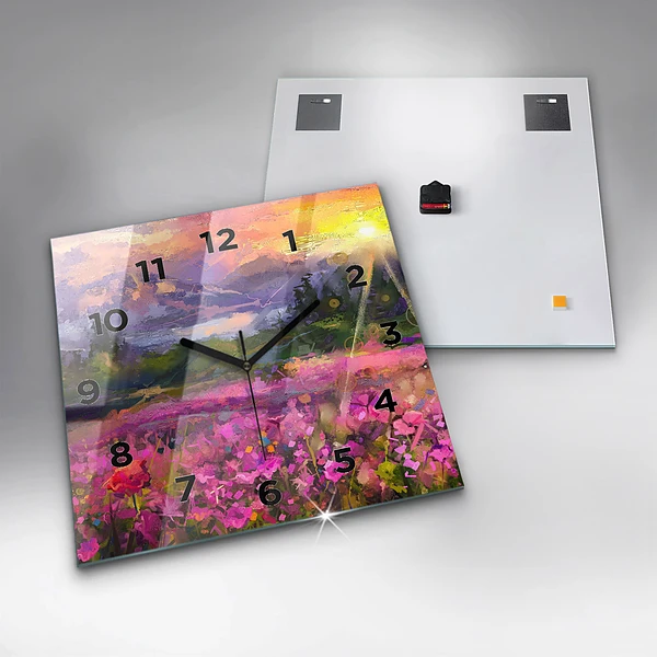 Wanduhr modern quadratisch Wiese im Sonnenuntergang