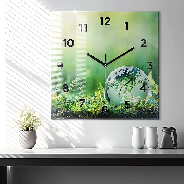 Wanduhr quadratisch Weltkugel