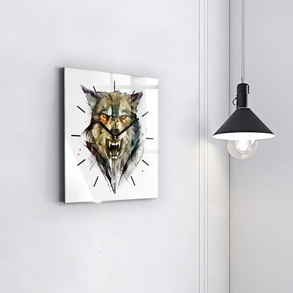 Wanduhr modern quadratisch Gezeichnetes Porträt eines Wolfes