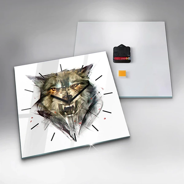 Wanduhr modern quadratisch Gezeichnetes Porträt eines Wolfes