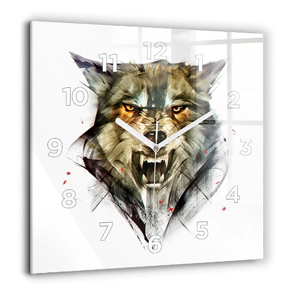 Wanduhr modern quadratisch Gezeichnetes Porträt eines Wolfes