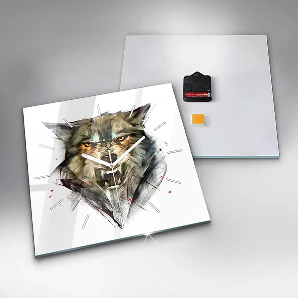 Wanduhr modern quadratisch Gezeichnetes Porträt eines Wolfes