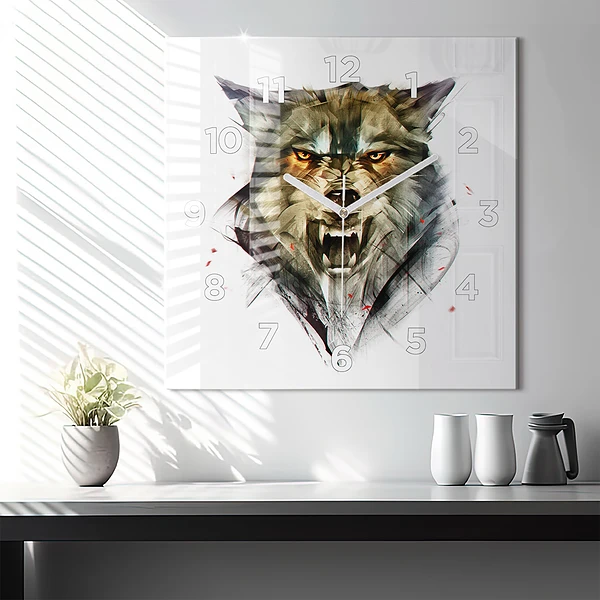 Wanduhr modern quadratisch Gezeichnetes Porträt eines Wolfes