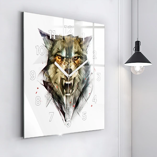 Wanduhr modern quadratisch Gezeichnetes Porträt eines Wolfes