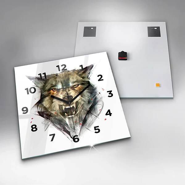 Wanduhr modern quadratisch Gezeichnetes Porträt eines Wolfes