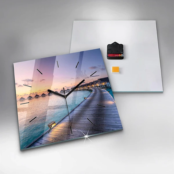 Wanduhr modern quadratisch Sonnenuntergang auf den Malediven