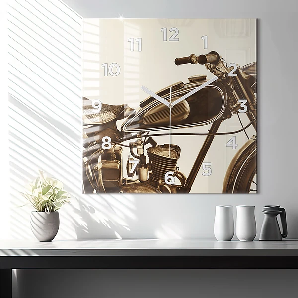 Wanduhr quadratisch mit motiv Sepia-Motorrad Vintage