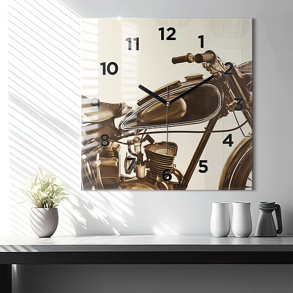 Wanduhr quadratisch mit motiv Sepia-Motorrad Vintage