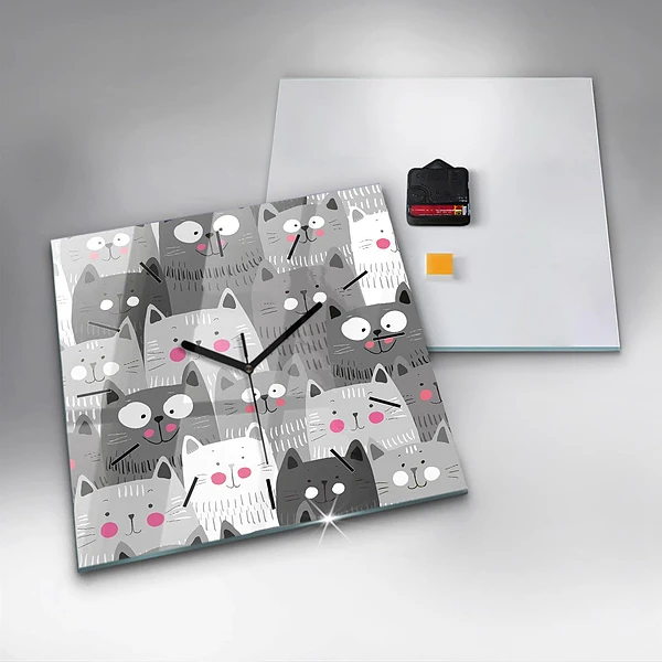 Wanduhr quadratisch Muster mit Katzen
