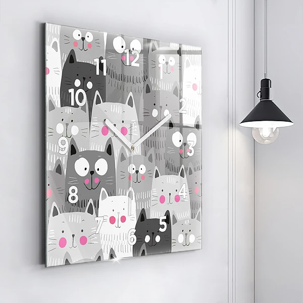 Wanduhr quadratisch Muster mit Katzen