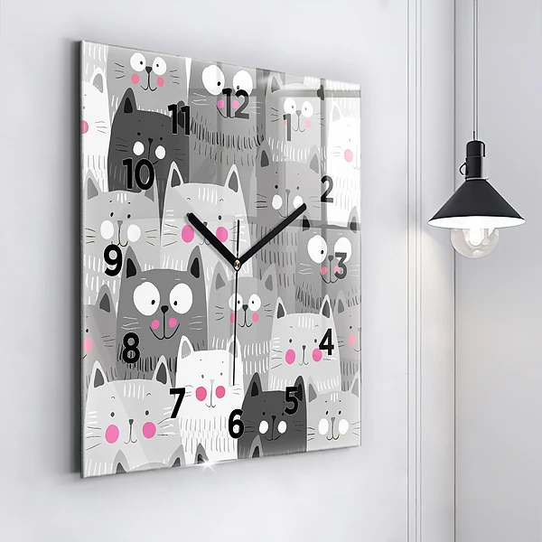 Wanduhr quadratisch Muster mit Katzen