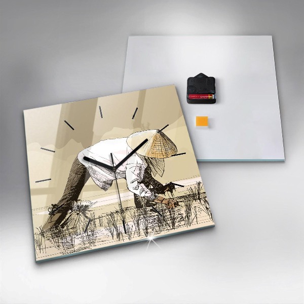 Wanduhr quadratisch mit motiv Frau pflückt Reis