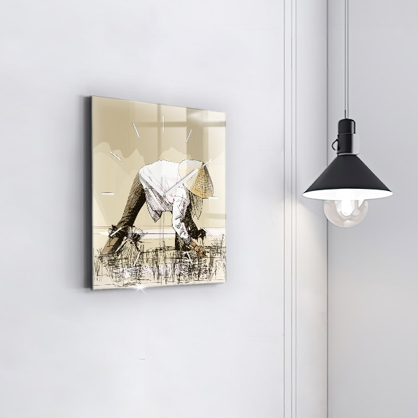 Wanduhr quadratisch mit motiv Frau pflückt Reis