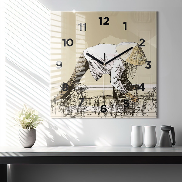 Wanduhr quadratisch mit motiv Frau pflückt Reis