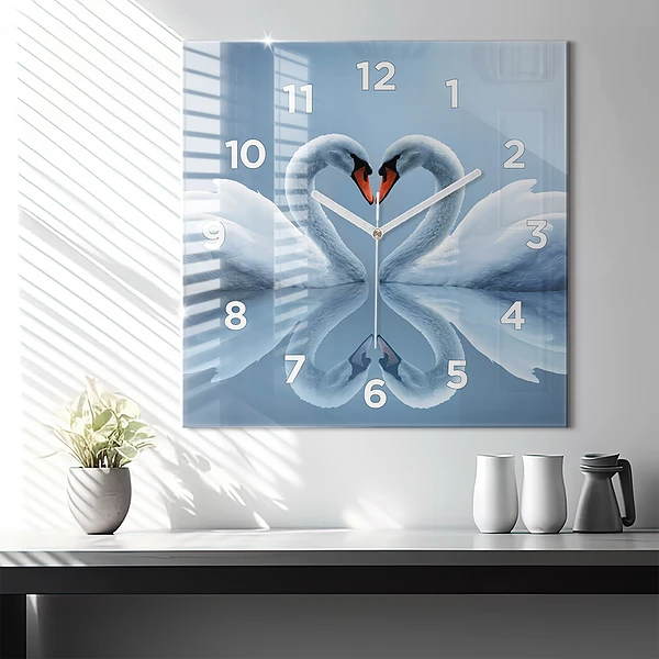 Wanduhr quadratisch Schwäne im Herzen