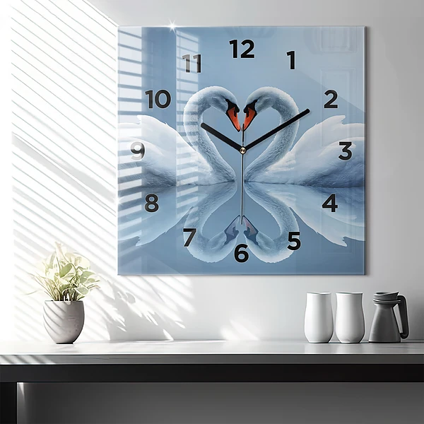 Wanduhr quadratisch Schwäne im Herzen