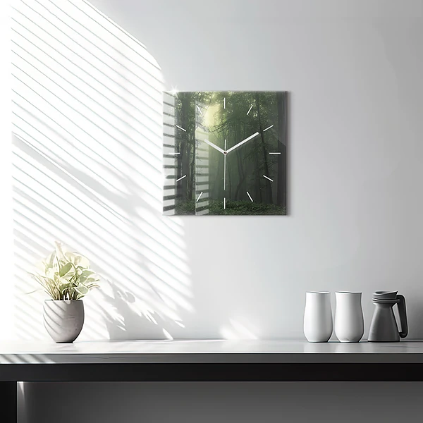 Wanduhr modern quadratisch Nebliger Wald am Morgen