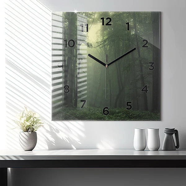 Wanduhr modern quadratisch Nebliger Wald am Morgen