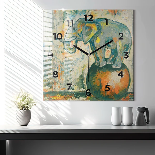 Wanduhr quadratisch Bemalte Elefantenhaltung