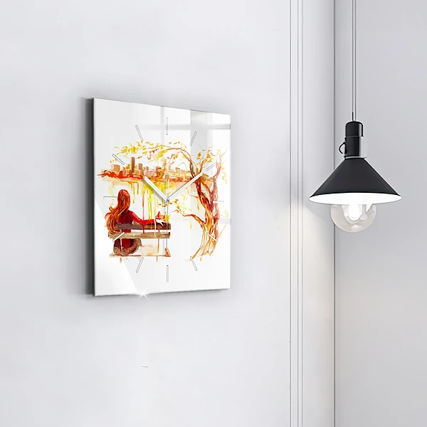 Wanduhr modern quadratisch Herbst-Landschaft