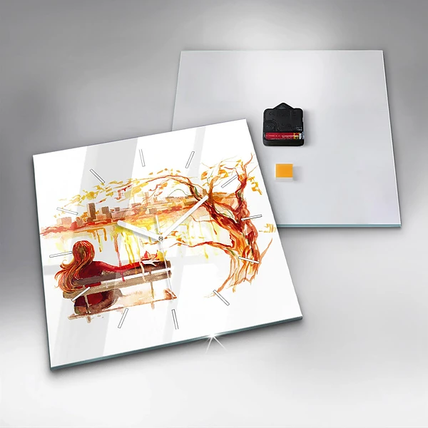 Wanduhr modern quadratisch Herbst-Landschaft