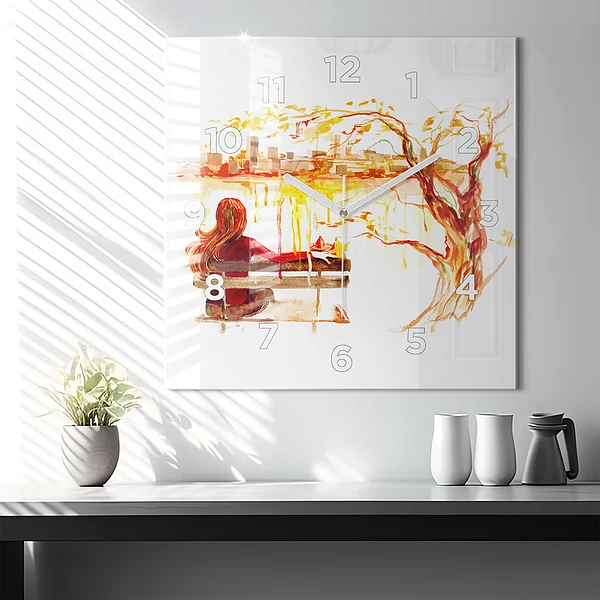 Wanduhr modern quadratisch Herbst-Landschaft