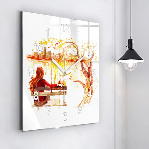 Wanduhr modern quadratisch Herbst-Landschaft