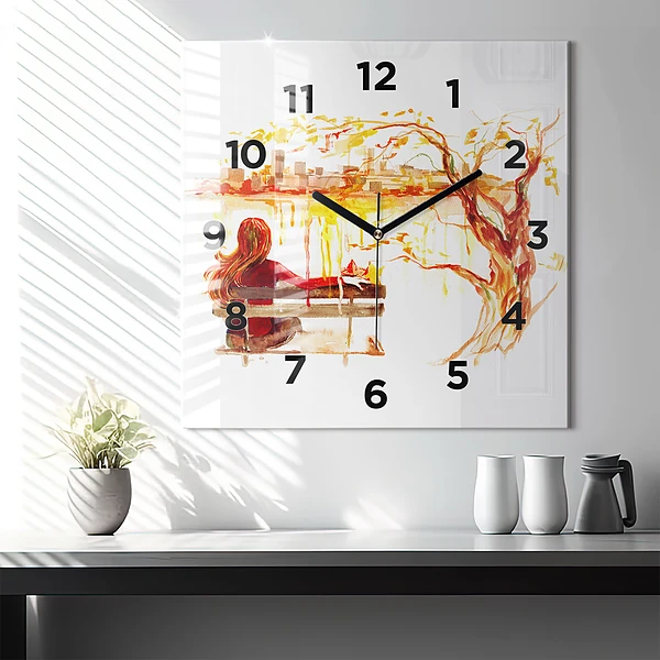 Wanduhr modern quadratisch Herbst-Landschaft