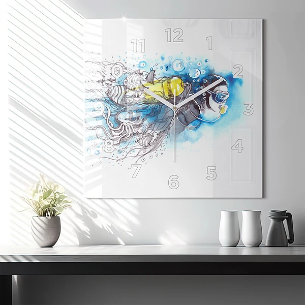 Wanduhr modern quadratisch Unterwasserleben von Fischen