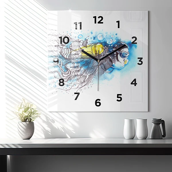 Wanduhr modern quadratisch Unterwasserleben von Fischen