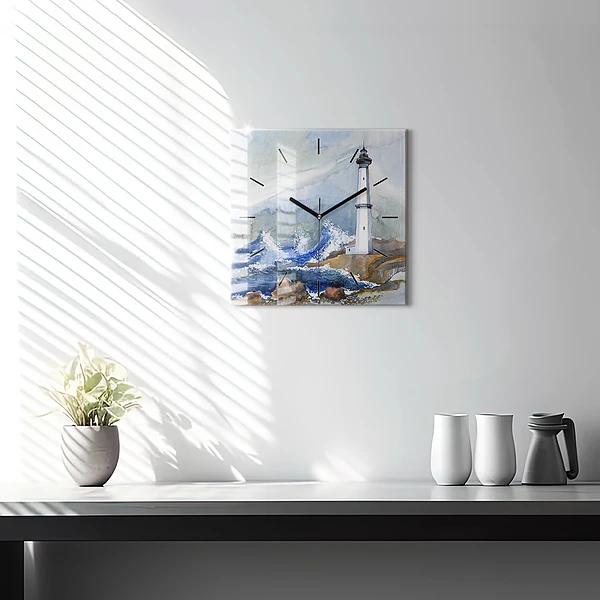 Wanduhr quadratisch mit motiv Meer und Leuchtturm