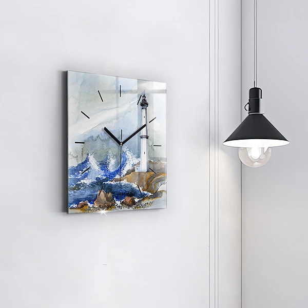 Wanduhr quadratisch mit motiv Meer und Leuchtturm