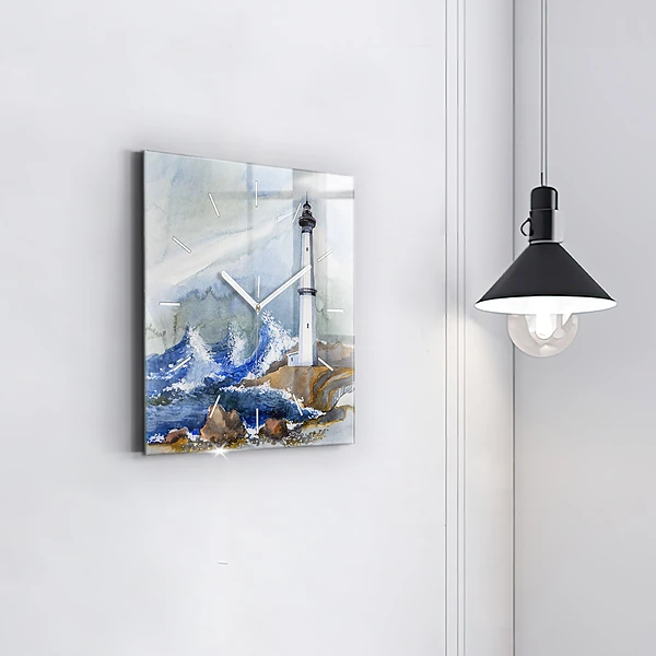 Wanduhr quadratisch mit motiv Meer und Leuchtturm