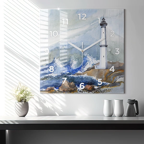 Wanduhr quadratisch mit motiv Meer und Leuchtturm
