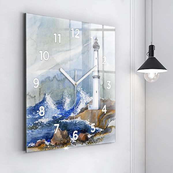 Wanduhr quadratisch mit motiv Meer und Leuchtturm