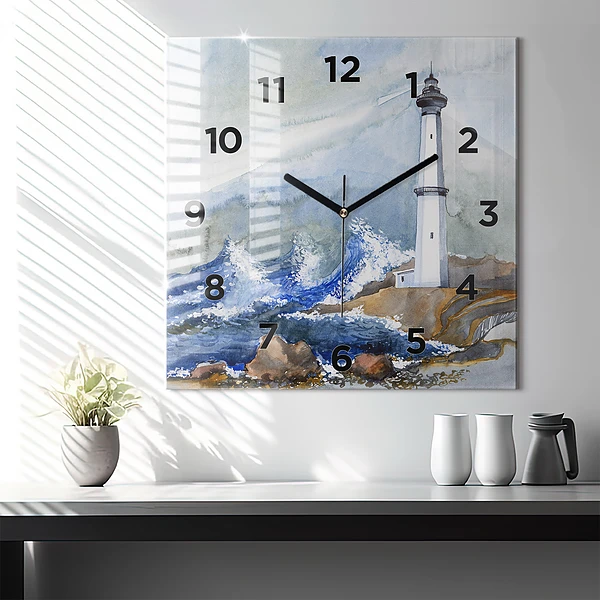 Wanduhr quadratisch mit motiv Meer und Leuchtturm