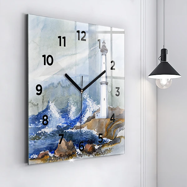 Wanduhr quadratisch mit motiv Meer und Leuchtturm