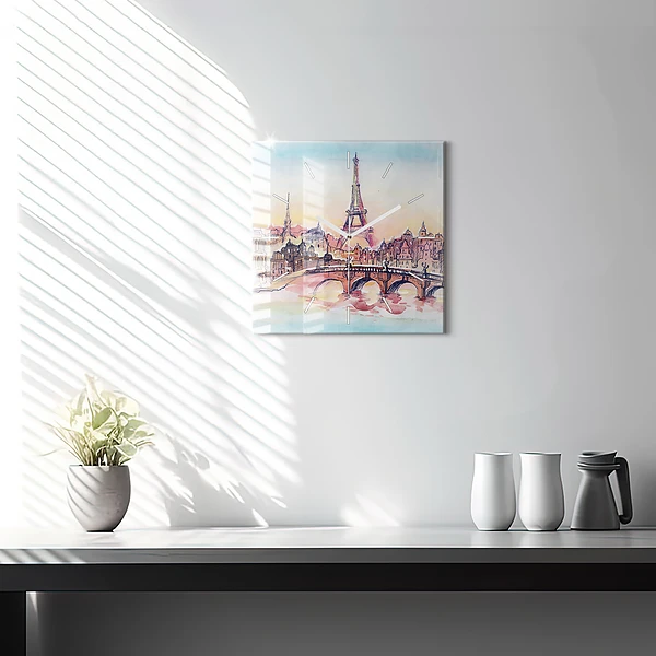 Wanduhr modern quadratisch Gemalte Landschaft von Paris