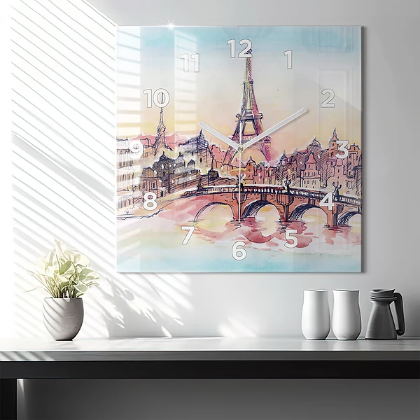 Wanduhr modern quadratisch Gemalte Landschaft von Paris