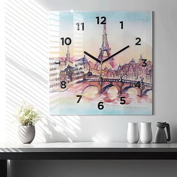 Wanduhr modern quadratisch Gemalte Landschaft von Paris