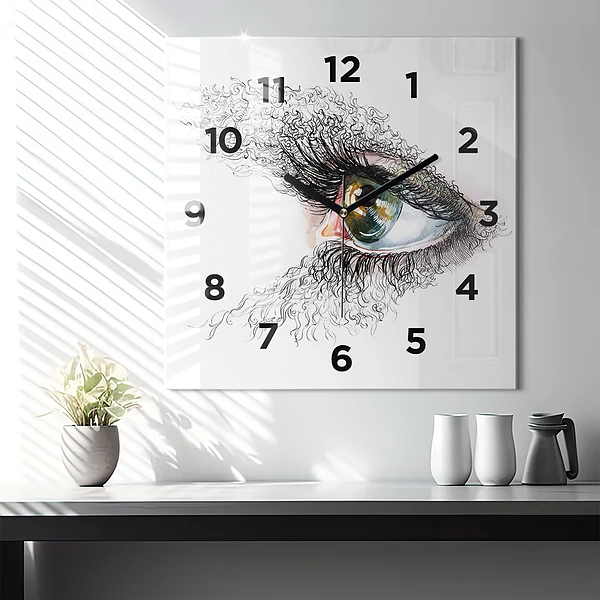 Wanduhr modern quadratisch Zeichnung eines menschlichen Auges