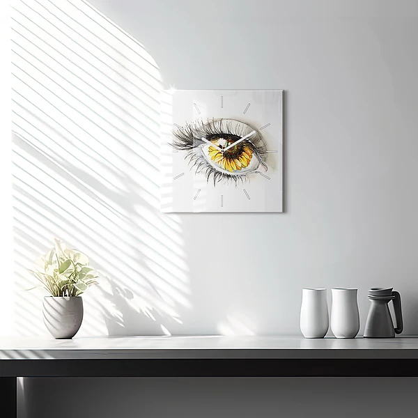 Wanduhr quadratisch mit motiv Sonnenblume im Auge