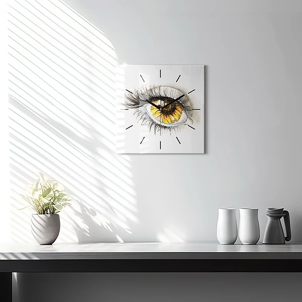 Wanduhr quadratisch mit motiv Sonnenblume im Auge