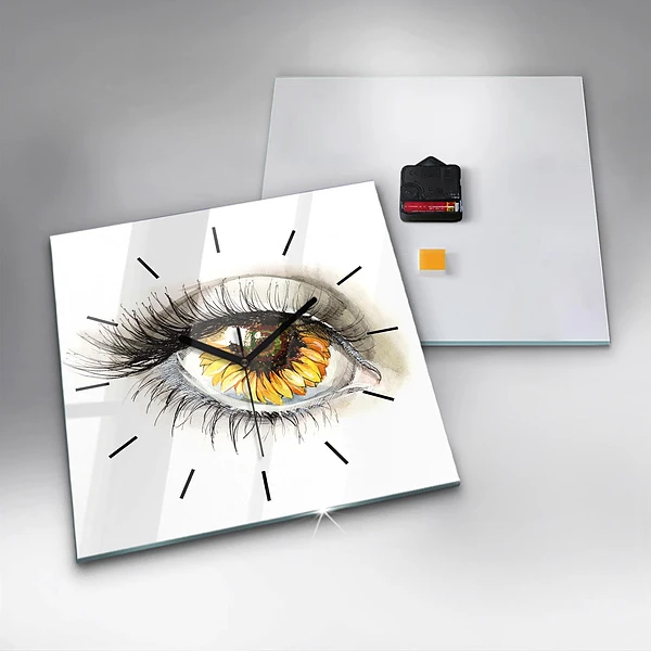 Wanduhr quadratisch mit motiv Sonnenblume im Auge