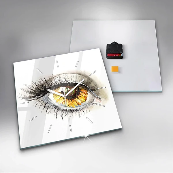 Wanduhr quadratisch mit motiv Sonnenblume im Auge