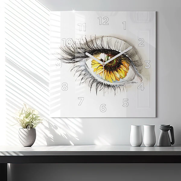 Wanduhr quadratisch mit motiv Sonnenblume im Auge