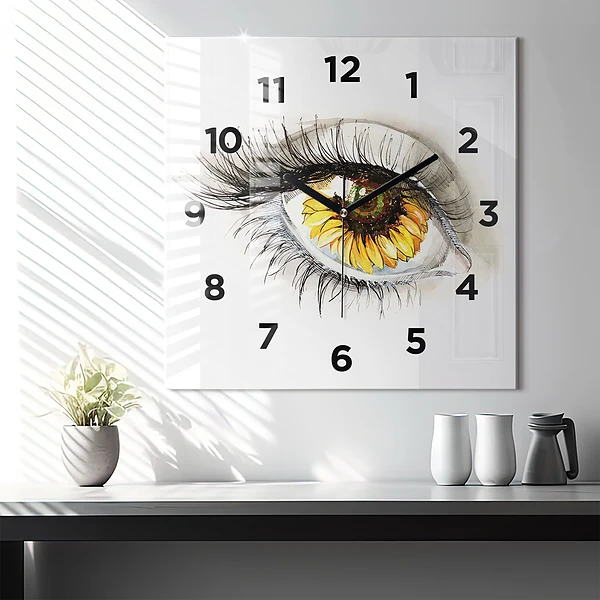 Wanduhr quadratisch mit motiv Sonnenblume im Auge