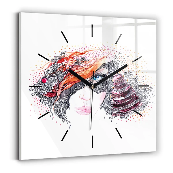 Wanduhr quadratisch Süße Frau mit Kuchen
