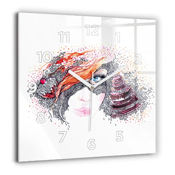 Wanduhr quadratisch Süße Frau mit Kuchen